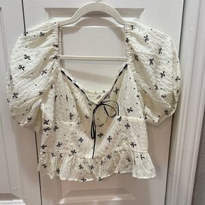 Altar'd State Cream Blouse with Black Bow Details